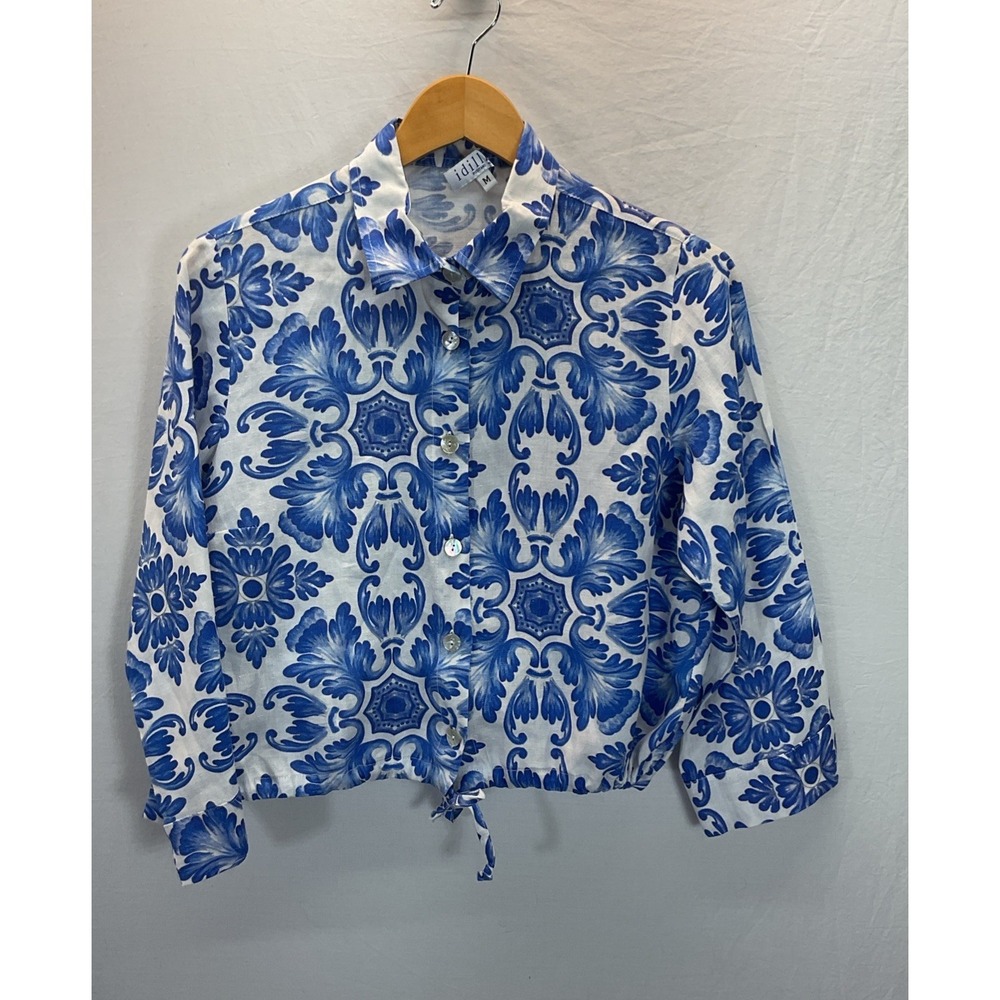 Idillio Positano womens blue floral linen L/S size MD Italy drawstring‎ waist